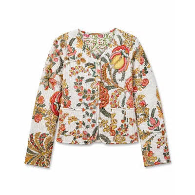 Yumi Women's  White Boho Print Cotton Reversible Quilted Jacket