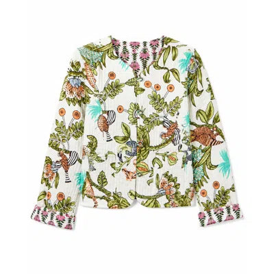 Yumi Women's  White Botanical Print Reversible Cotton Quilted Jacket In Animal Print