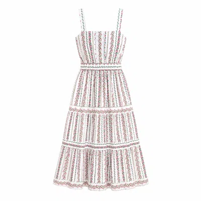Yumi Women's  White Botanical Stripe Midi Dress With Lace Trims In Multi