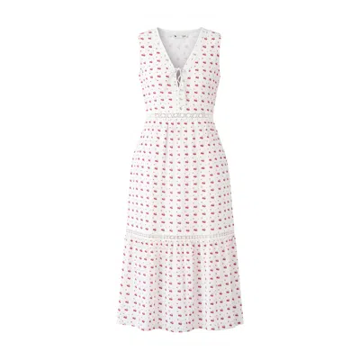 Yumi Women's  White Cherry Print Lace Trim Cotton Midi Dress