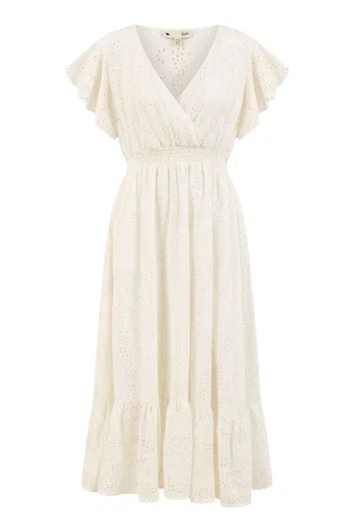 Yumi Women's  White Cotton Broderie Anglaise Wrap Midi Dress