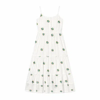 Yumi Women's  White Cotton Embroidered Broderie Anglaise Midi Sun Dress