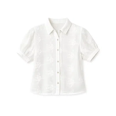 Yumi Women's  White Cotton Flower Applique Shirt