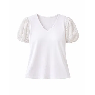 Yumi Women's  White Cotton Jersey T-shirt With Lace Sleeves