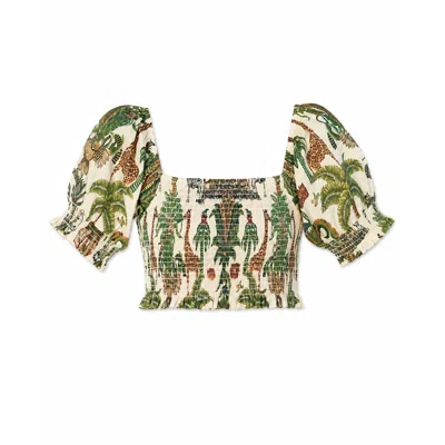 Yumi Women's  White Cotton Voile Safari Ruched Crop Top In Multi