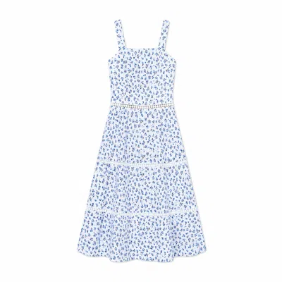 Yumi Women's  White Ditsy Floral Cotton Midi Sun Dress With Lace Trims In Blue
