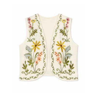 Yumi Women's  White Floral Embroidered Cotton Waist Coat
