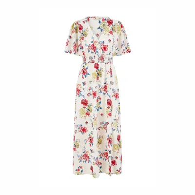 Yumi Women's  White Floral Recycled Fabric Ruched Waist Midi Dress