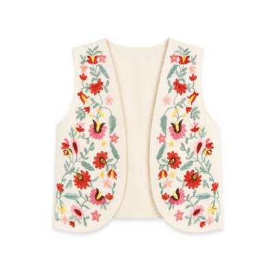 Yumi Women's  White Folk Embroidered Cotton Waist Coat In Multi