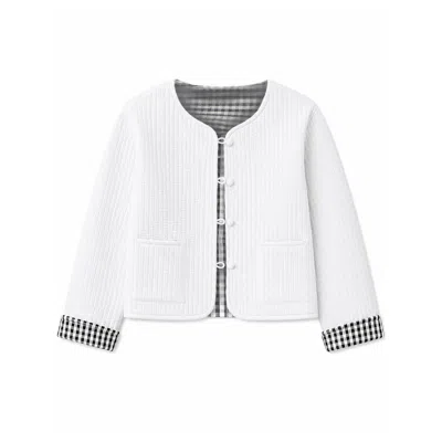 Yumi Women's  White Gingham Reversible Cotton Quilted Cropped Jacket