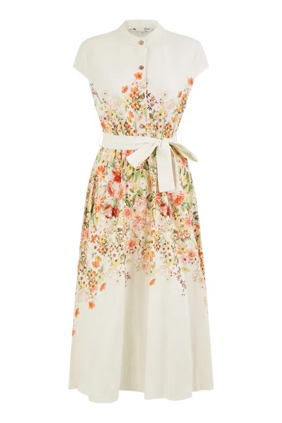 Yumi Women's  White Linen Floral Mirrored Placement Skater Dress