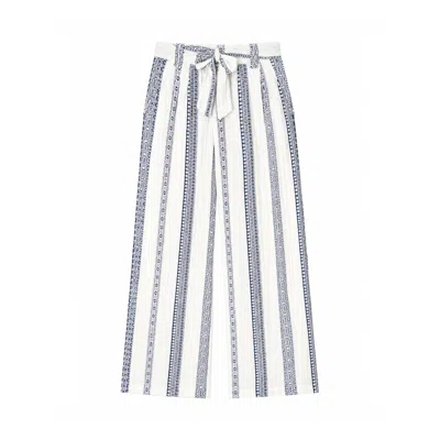 Yumi Women's  White Linen Mix Cropped Trousers With Tie Belt