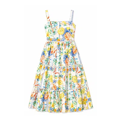 Yumi Women's  White Mediterranean Print Cotton Midi Sun Dress In Multi