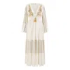 Yumi Women's  White Metallic Embellished Maxi Dress With Long Sleeves