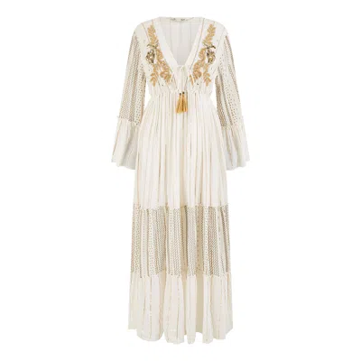Yumi Women's  White Metallic Embellished Maxi Dress With Long Sleeves