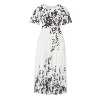 Yumi Women's  White Mirror Floral Design Pleated Midi Dress
