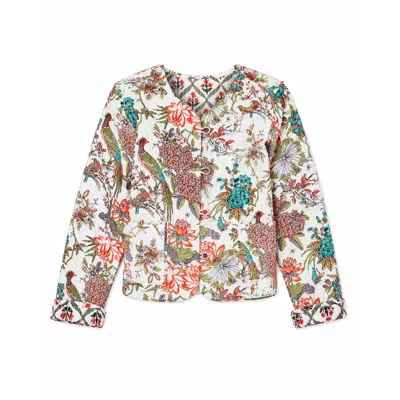 Yumi Women's  White Peacock Print Reversible Cotton Quilted Jacket In Multi
