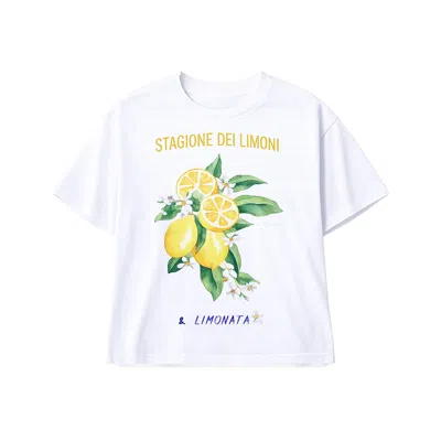 Yumi Women's  White Retro Relaxed Lemon Print Cotton T Shirt