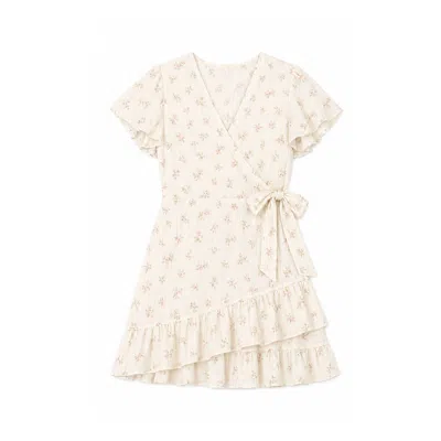 Yumi Women's  White Rose Print Wrap Over Frill Dress