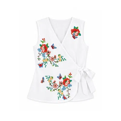 Yumi Women's  White Stretch Cotton Embroidered Wrap Top In Multi