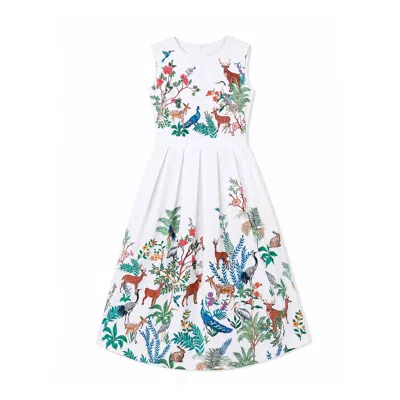 Yumi Women's  White Woodland Animal Print Cotton Midi Skater Dress In Multi