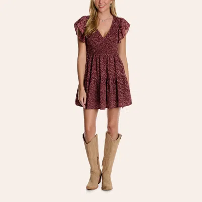 Yura Women's Burgundy Floral Print Flutter Sleeve Mini Dress In Brown