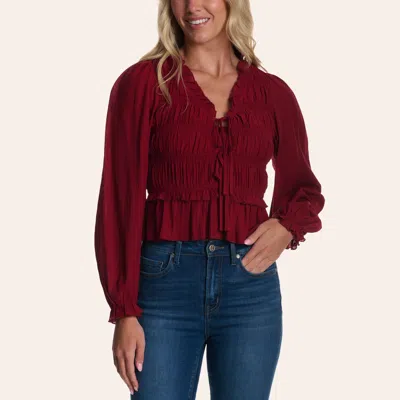 Yura Women's Crimson Tie Front Long Sleeve Peplum Top In Red