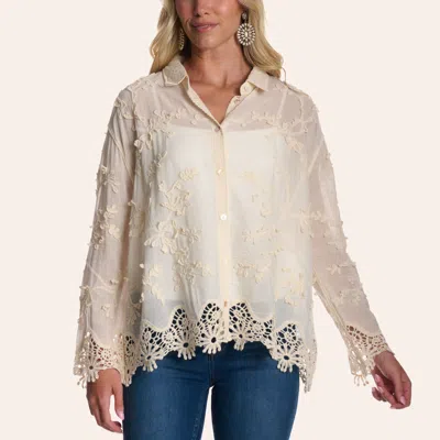 Yura Women's Natural Floral Embroidered Crochet Lace Long Sleeve Shirt