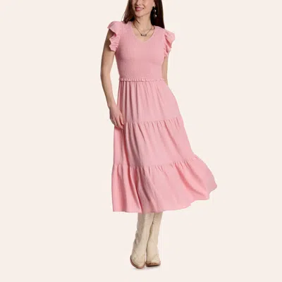 Yura Women's Pink Ruffle Sleeve Smocked Tiered Midi Dress