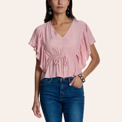 Yura Women's Pink Ruffle Sleeve Tie Front Cinched Waist Top