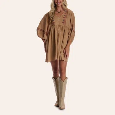 Yura Women's Tan Embroidered Three-quarter Sleeve Babydoll Mini Dress