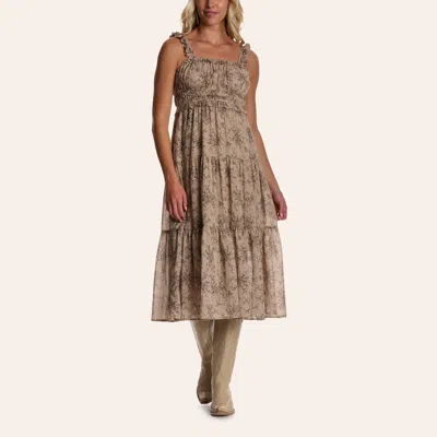 Yura Women's Taupe Floral Print Tiered Midi Dress