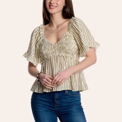 Yura Women's White & Green Stripe Print Smocked Ruffle Top