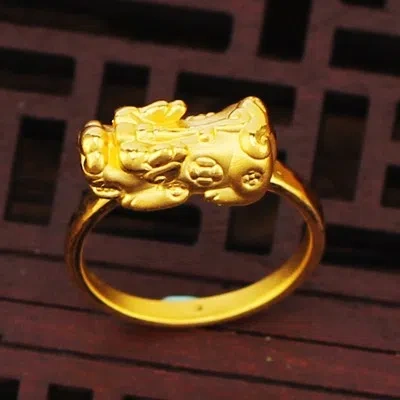 Pre-owned Yuxi 999 Pure 24k Yellow Gold Ring 3d Hard Gold Lucky Pixiu Baby Pattern Us Size Us 7