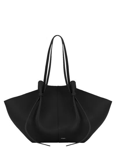 Yuzefi Sculptural Black Leather Tote Bag With Knotted Handle Details
