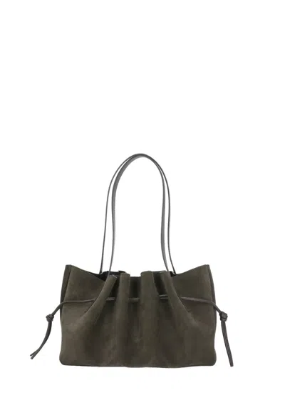 Yuzefi Draped Brown Suede Shoulder Bag With Scalloped Structure In Green
