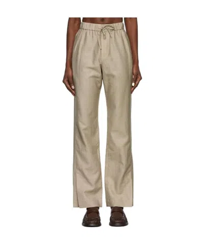 Yuzefi Beige Linen Drawstring Trousers In Olive