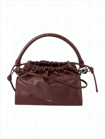 Yuzefi Rectangular Brown Leather Crossbody Bag With Ruched Closure In Red