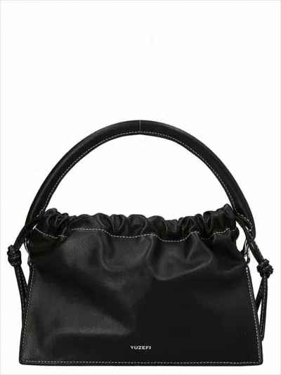 Yuzefi Smooth Leather Crossbody Bag With Gathered Top Edge In Black