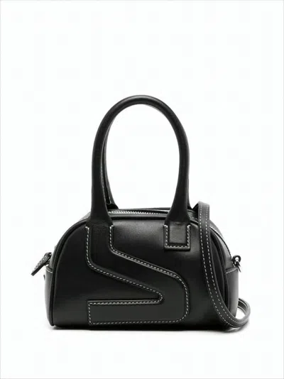 Yuzefi Structured Black Leather Tote Bag With Zigzag Stitching