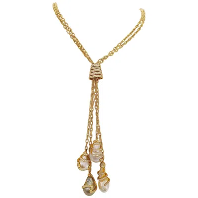 Pre-owned Yvel 18 Karat Gold Long Necklace With Baroque Pearls And 6.55 Carat Diamonds In Multi