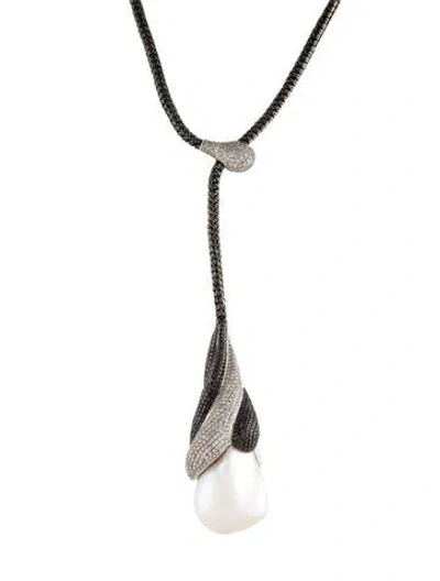 Pre-owned Yvel 18k Pearl & 14.75ctw Diamond Lariat Necklace, 17" In Multi