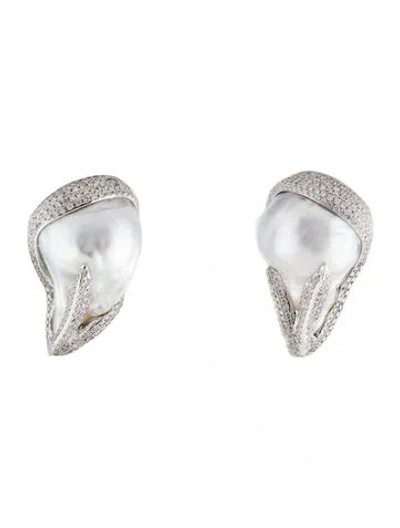 Pre-owned Yvel 18k Pearl & 2.18ctw Diamond Earclip Earrings In Multi