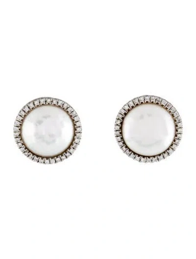 Pre-owned Yvel 18k Pearl & Diamond Biwa Coin Halo Earclips In Multi