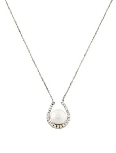 Pre-owned Yvel 18k Pearl & Diamond Biwa Horseshoe Pendant Necklace, 16.5" In Multi