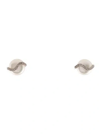 Pre-owned Yvel 18k Pearl & Diamond Biwa Stud Earrings In Multi