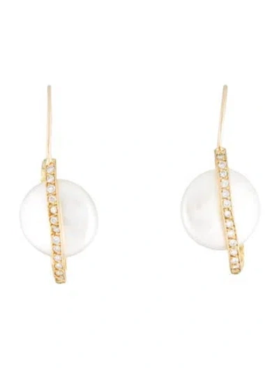 Pre-owned Yvel 18k Pearl & Diamond Drop Earrings In Multi