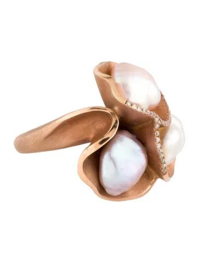 Pre-owned Yvel 18k Pearl & Diamond Floral Cocktail Ring In Multi
