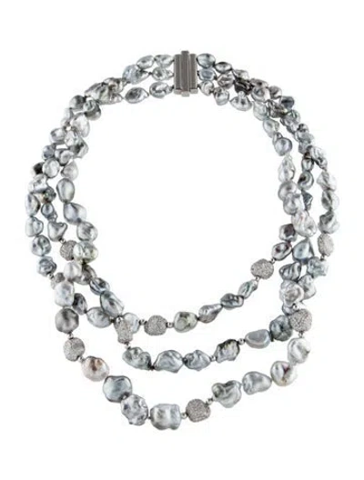 Pre-owned Yvel 18k Pearl & Diamond Multistrand Necklace, 17.5"