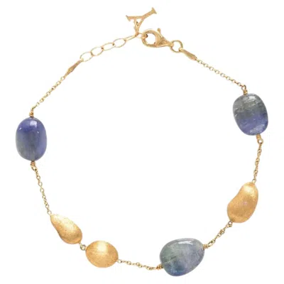 Pre-owned Yvel 18k Yellow Gold Bracelet With Blue-green Sapphires, 7 Inches